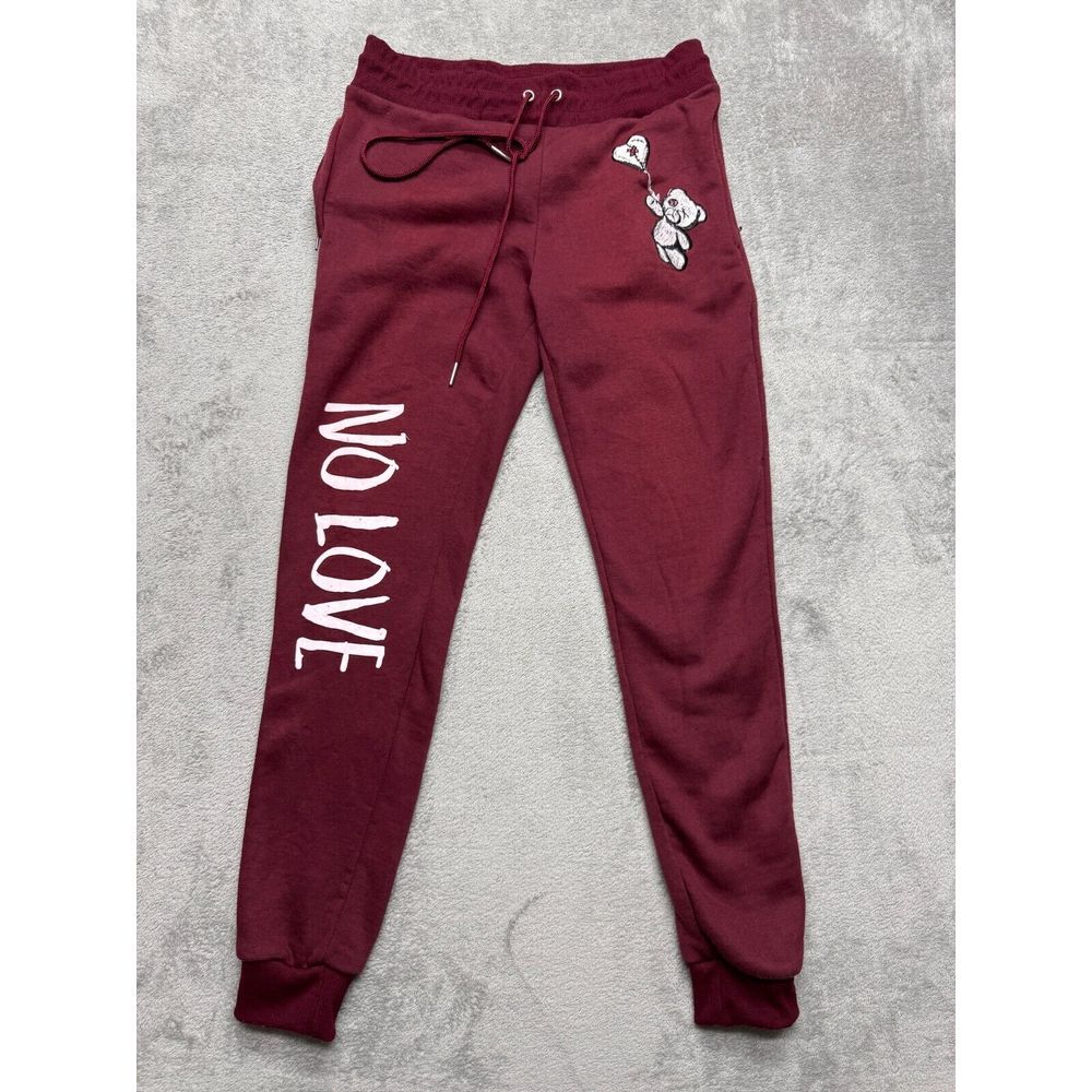 Retro Label No Love Joggers Sweatpants Mens XL Burgundy Bear Ballon Heart‎